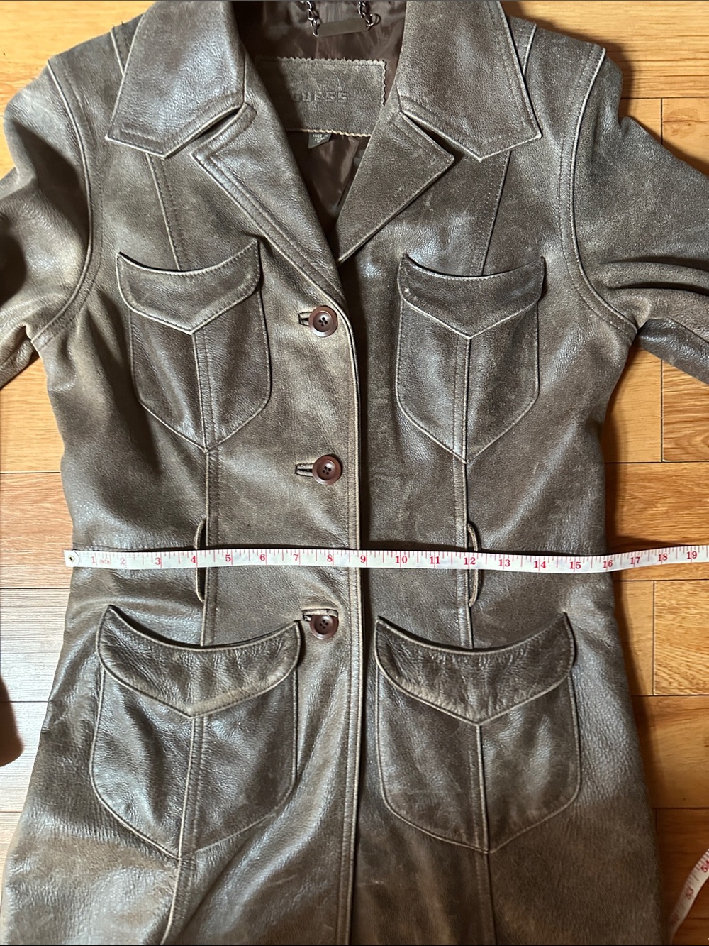 Y2K Guess Brown Long Leather Trench Coat SMALL - Picture 12 of 12